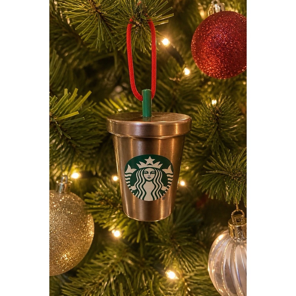 Starbucks Mini Cup Ornament 2.5" Bronze‎ Tone Red Cord Holiday Decor